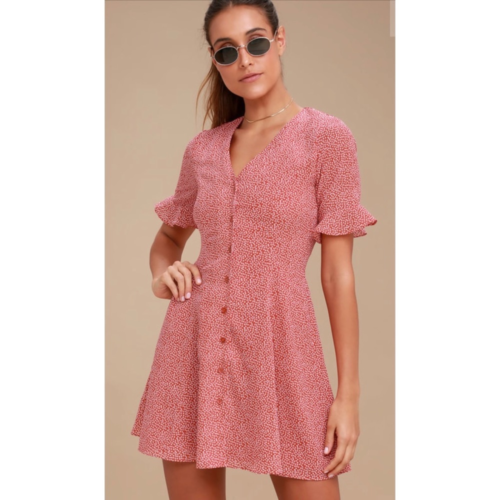 Lulus Castana Rust Red Print Button-Up Dress